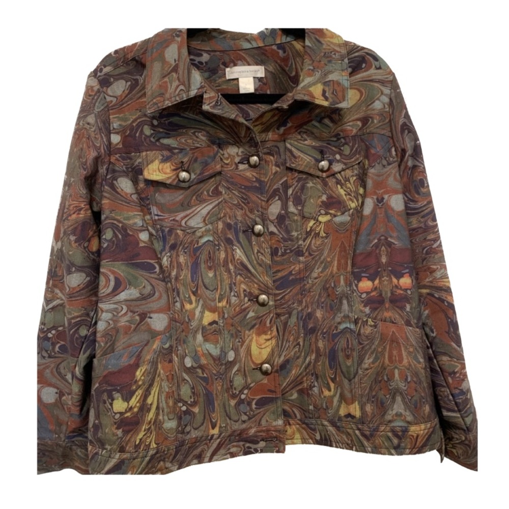 Abstract multicolored button down oil spill jacket